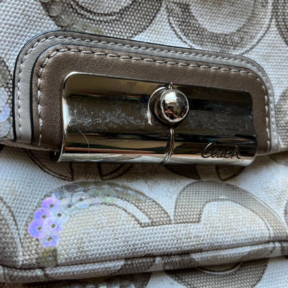 Vintage Coach Kristin Signature Canvas Khaki Cream Optic Art Sequin Hobo Bag - Picture 7 of 8